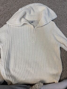 American Eagle Outfitters Cream Waffle Knit Half-Zip Turtleneck Sweater